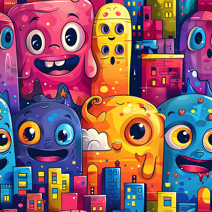 Of Vibrant Cartoon-Style Graffiti Characters With Urban Cityscape seamless PBR texture preview