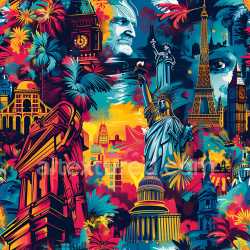 seamless Seamless 3D PBR Graffiti Texture Featuring Urban Landmarks and Vibrant Street Art Palette texture 8k free download PBR