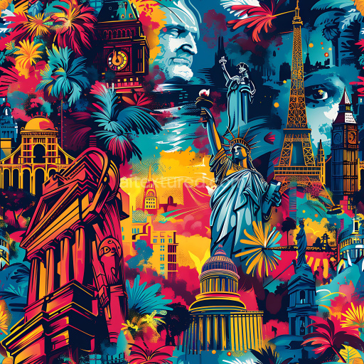 Seamless 3D PBR Graffiti Texture Featuring Urban Landmarks and Vibrant Street Art Palette