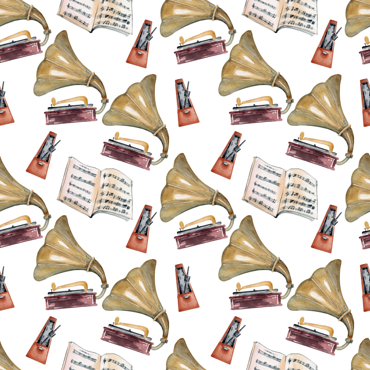 Vintage Scrapbook of Vintage Musical Instruments with Watercolor Style seamless PBR texture preview