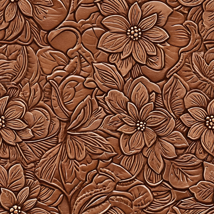 Embossed Floral Brown Leather with Detailed Leaf Patterns seamless PBR texture preview