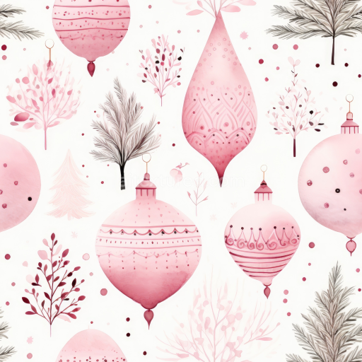 Seamless 3D PBR Texture of Pink Watercolor Christmas Ornaments and Botanical Motifs