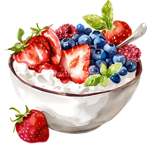 Watercolor Cottage Cheese Breakfast Bowl with Fresh Berries and Mint