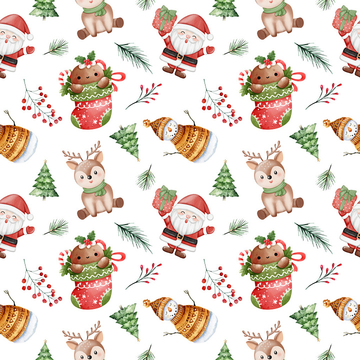 Pattern Featuring Cute Christmas Characters and Festive Motifs seamless PBR texture preview