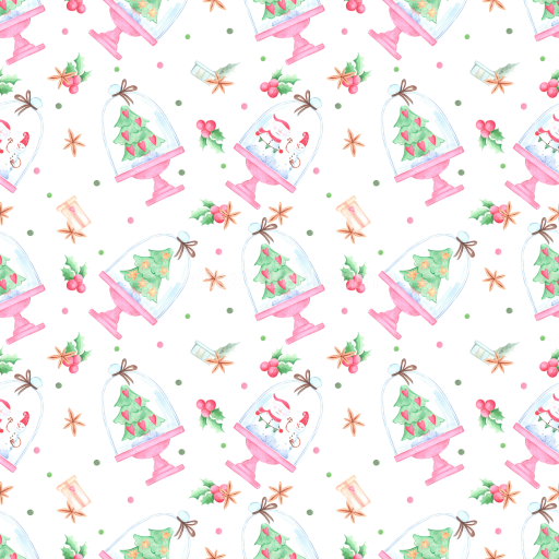 Seamless 3D PBR Watercolor Christmas Digital Paper Texture with Festive Snow Globes and Holly