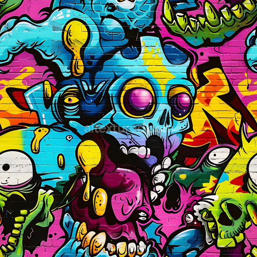 Seamless 3D PBR Texture of Colorful Graffiti Skulls on Brick Wall