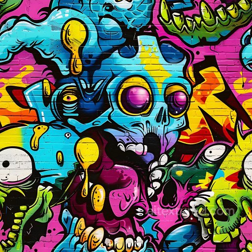 Seamless 3D PBR Texture of Colorful Graffiti Skulls on Brick Wall texture preview