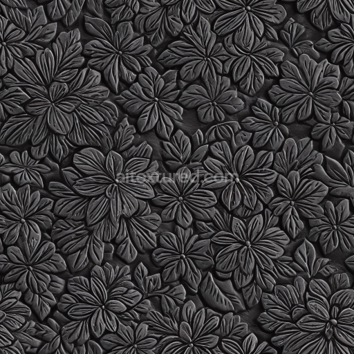 Seamless 3D PBR embossed black leather texture with intricate floral pattern