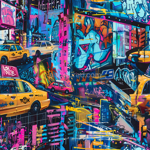 Seamless 3D PBR Graffiti Texture Featuring Neon-Colored Urban Cars and Abstract Tags
