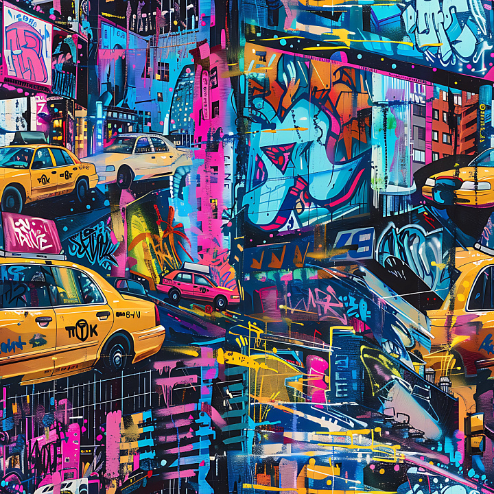 Graffiti Featuring Neon-Colored Urban Cars and Abstract Tags seamless PBR texture preview