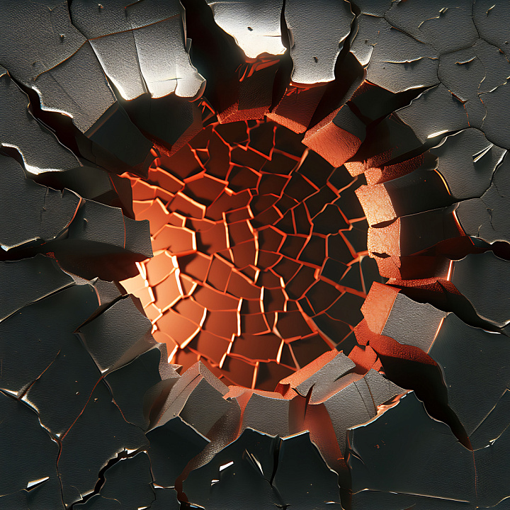 Cracked & Holes of Cracked Black Painted Surface with Fiery Inner Glow seamless PBR texture preview