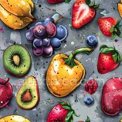 seamless Seamless 3D PBR Texture Featuring Colorful Fruit Graffiti on Spray-Painted Background texture 8k free download PBR