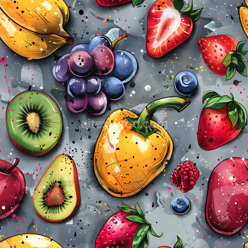 Seamless 3D PBR Texture Featuring Colorful Fruit Graffiti on Spray-Painted Background