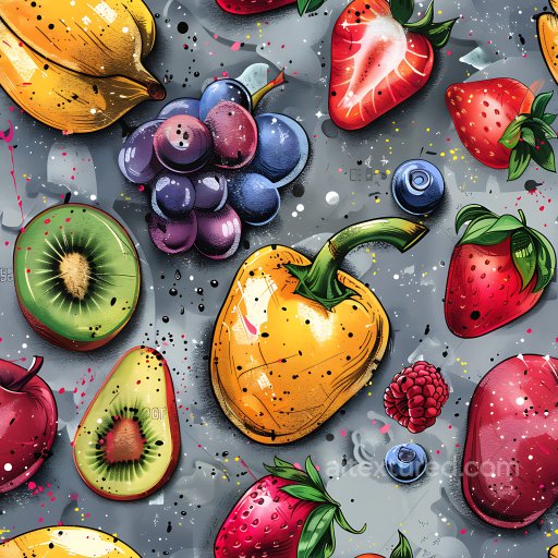 Seamless 3D PBR Texture Featuring Colorful Fruit Graffiti on Spray-Painted Background texture preview