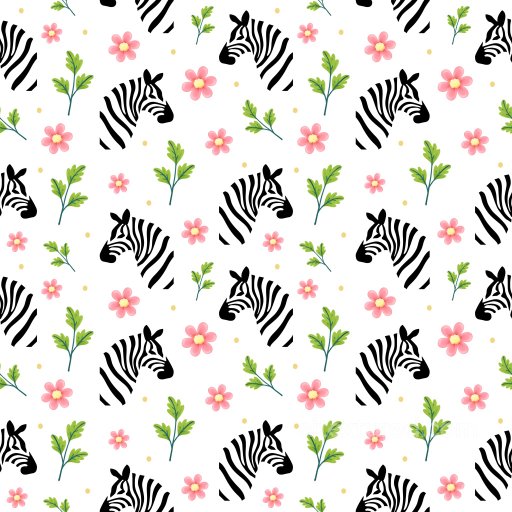 Seamless 3D Pattern PBR Texture with Playful Zebra Heads and Floral Motifs texture preview