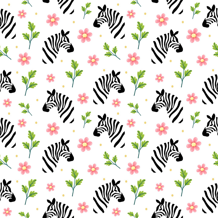 Pattern with Playful Zebra Heads and Floral Motifs seamless PBR texture preview