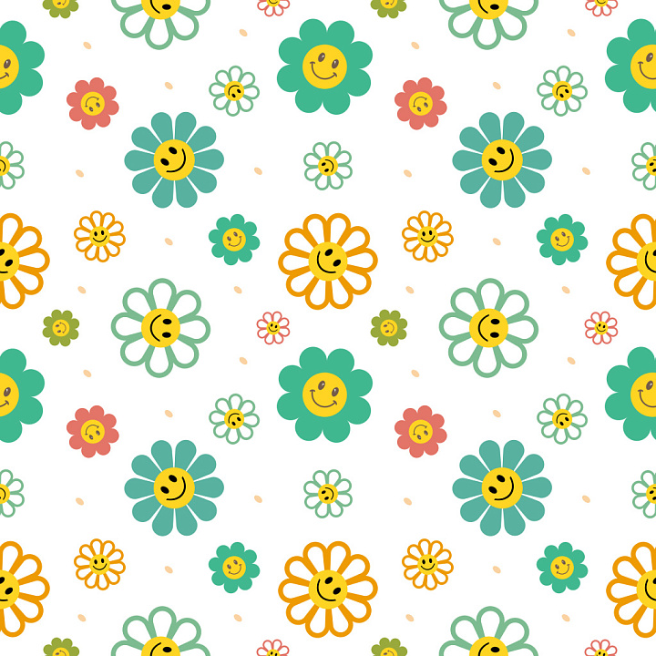 Pattern Featuring Playful Smiley Floral Motifs in Bright Colors seamless PBR texture preview