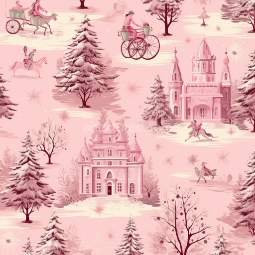 Seamless 3D PBR Vintage Christmas Digital Paper Texture with Pink Scenes and Snow-covered Trees