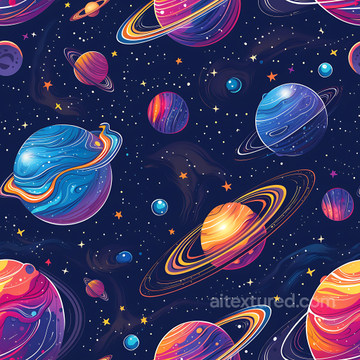 Cartoon-Style Space PBR Texture with Colorful Planets and Starfield seamless Star, space, planets PBR texture