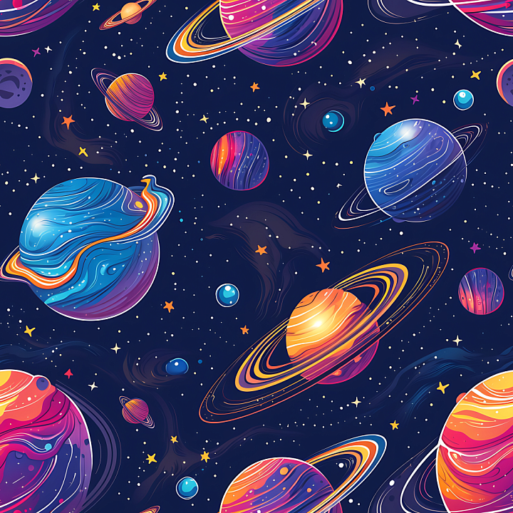 Cartoon-Style Space with Colorful Planets and Starfield seamless PBR texture preview