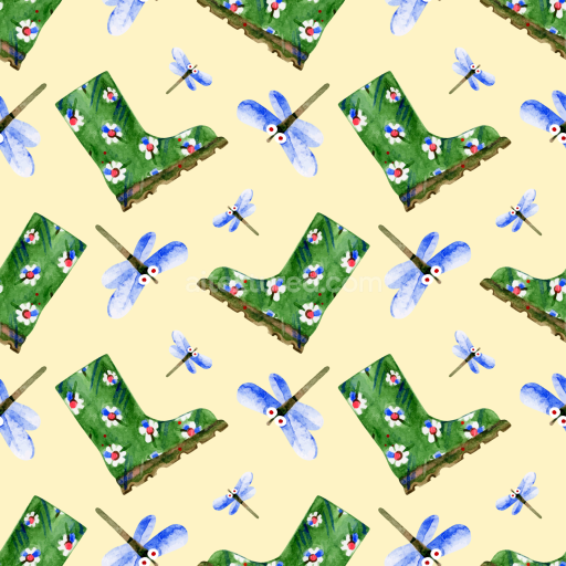 Seamless 3D PBR Texture with Playful Watercolor Dragonfly and Floral Boots Pattern