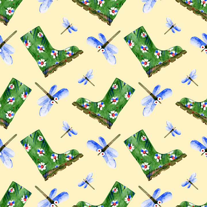 with Playful Watercolor Dragonfly and Floral Boots Pattern seamless PBR texture preview