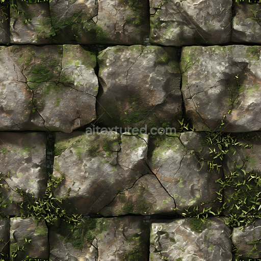 Seamless 3D Weathered Stone Wall PBR Texture with Moss and Cracks