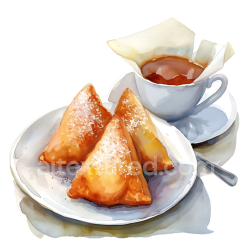 seamless Watercolor Breakfast Graphic with Kenyan Mandazi Coconut Doughnuts and Tea texture 8k free download PBR