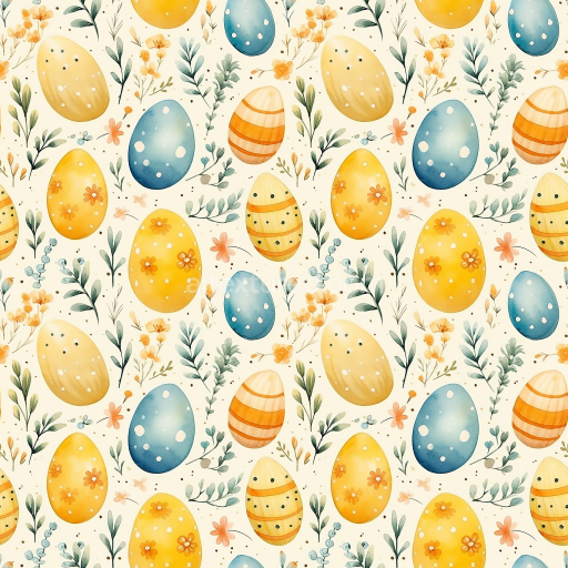 Seamless 3D PBR texture with colorful watercolor Easter eggs and floral accents