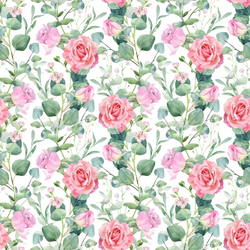 Seamless 3D PBR Watercolor Floral Pattern Texture with Pink Roses and Greenery