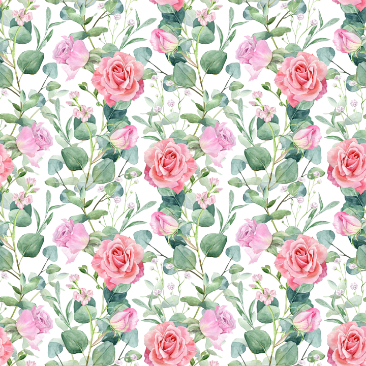 Watercolor Floral Pattern with Pink Roses and Greenery seamless PBR texture preview