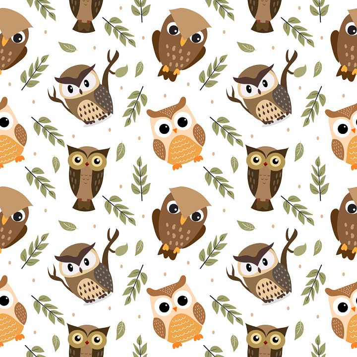 Pattern Featuring Cute Cartoon Owls and Green Foliage seamless PBR texture preview