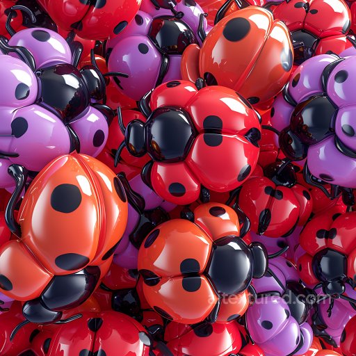 Inflated PBR Texture Featuring Glossy Vinyl Ladybug Shells in Red and Purple seamless Inflated PBR texture
