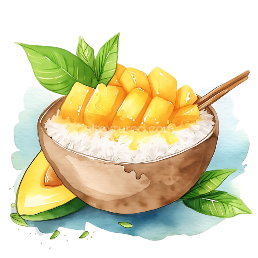 Mango Sticky Rice Breakfast Illustration with Fresh Mango Cubes and Coconut Rice