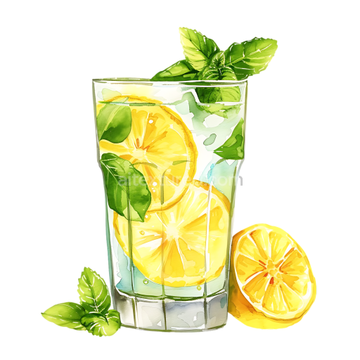 Bright Lemon and Fresh Mint Infused Water Breakfast PNG Illustration