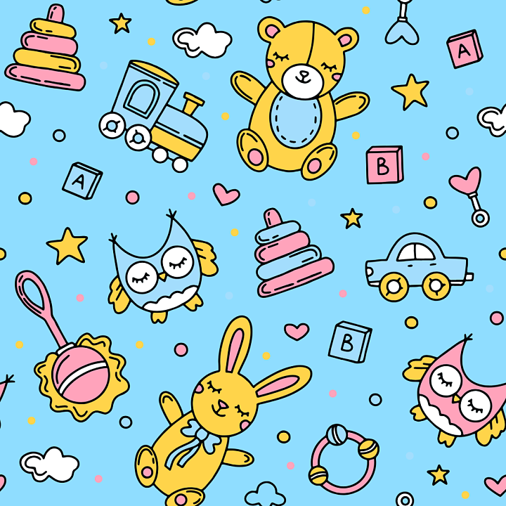 Baby Toy Pattern With Pastel Blue Background seamless PBR texture preview