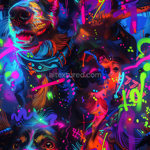 Seamless 3D PBR Graffiti Texture Featuring Neon-Style Dog Portraits