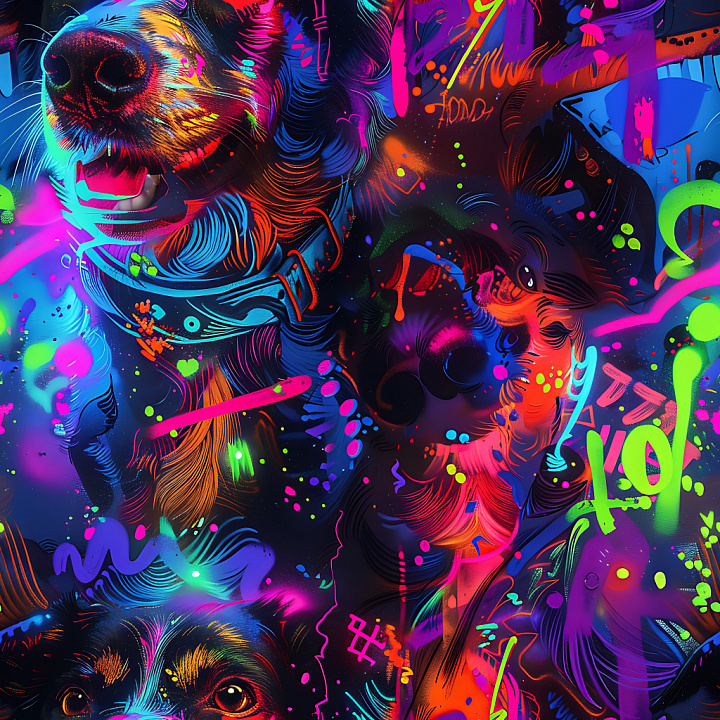Graffiti Featuring Neon-Style Dog Portraits seamless PBR texture preview