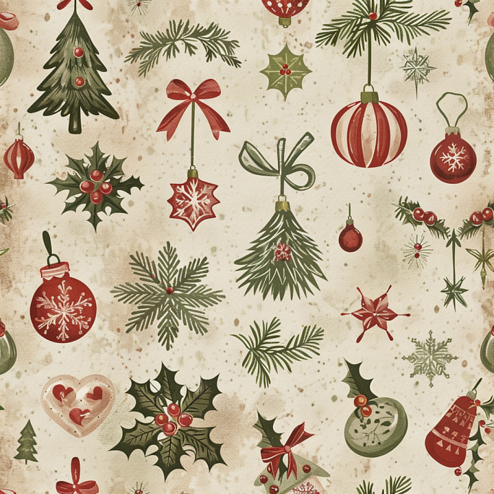 Of Vintage Christmas Fabric With Holiday Ornaments And Foliage seamless PBR texture preview