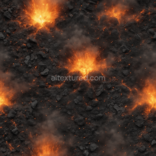 Seamless 8k PBR 3d texture showing burnt rubble with fire flash and explosion shock effects