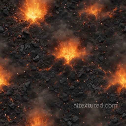 Seamless 8K PBR 3D texture showing burnt rubble with fire flash and explosion shock effec… seamless Explosion PBR texture