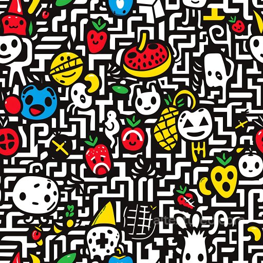 Seamless 3D PBR Cartoon-style Graffiti Texture with Colorful Playful Characters texture preview