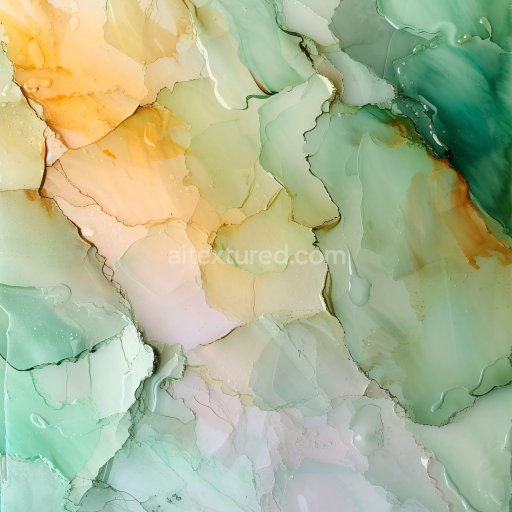 Seamless 3D Alcohol Ink PBR Texture with Pastel Green and Ochre Fluid Layers