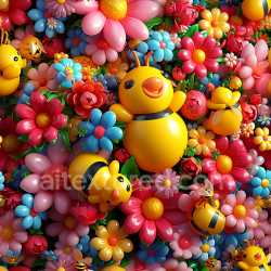 seamless Seamless 3D Inflated PBR Texture Featuring Glossy Vinyl Bees and Colorful Puffy Flowers texture 8k free download PBR