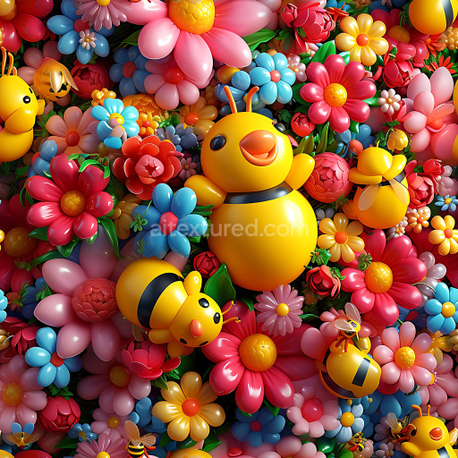 Seamless 3D Inflated PBR Texture of Glossy Toy Bees and Colorful Puffy Flowers