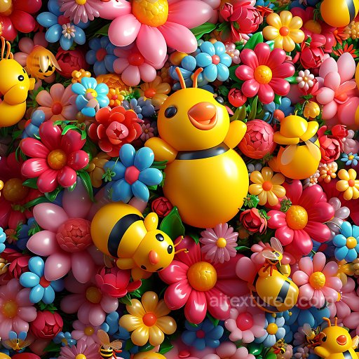 Inflated PBR Texture of Glossy Toy Bees and Colorful Puffy Flowers seamless Inflated PBR texture