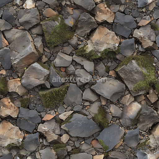 Seamless 3D PBR Texture of Weathered Rocky Ground with Moss and Natural Stone Pieces