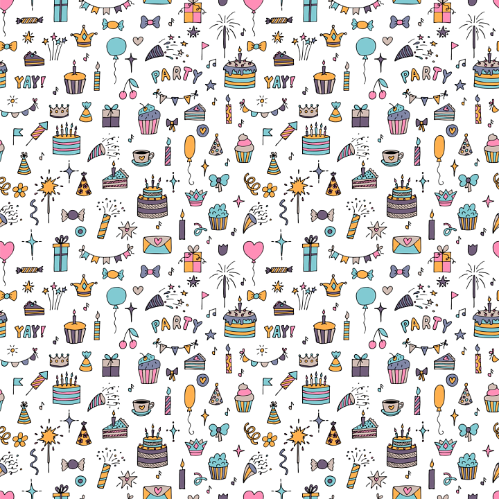 Birthday Pattern with Colorful Party Icons seamless PBR texture preview