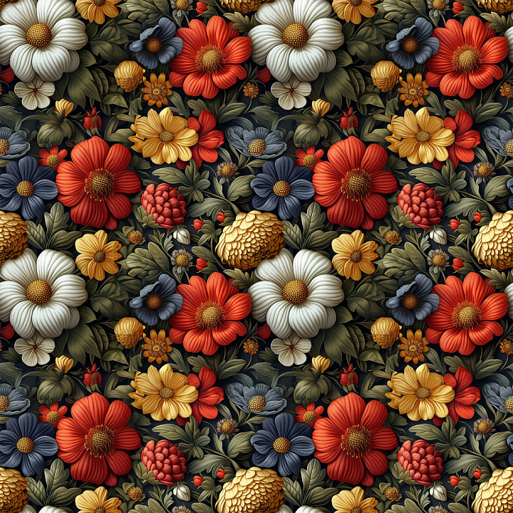 Vibrant Embroidered Floral Fabric Pattern seamless PBR texture preview