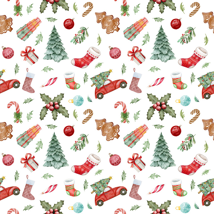 Featuring Christmas Watercolor Motifs Pattern seamless PBR texture preview
